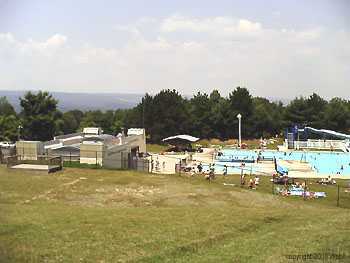 Bath house and left half of pool